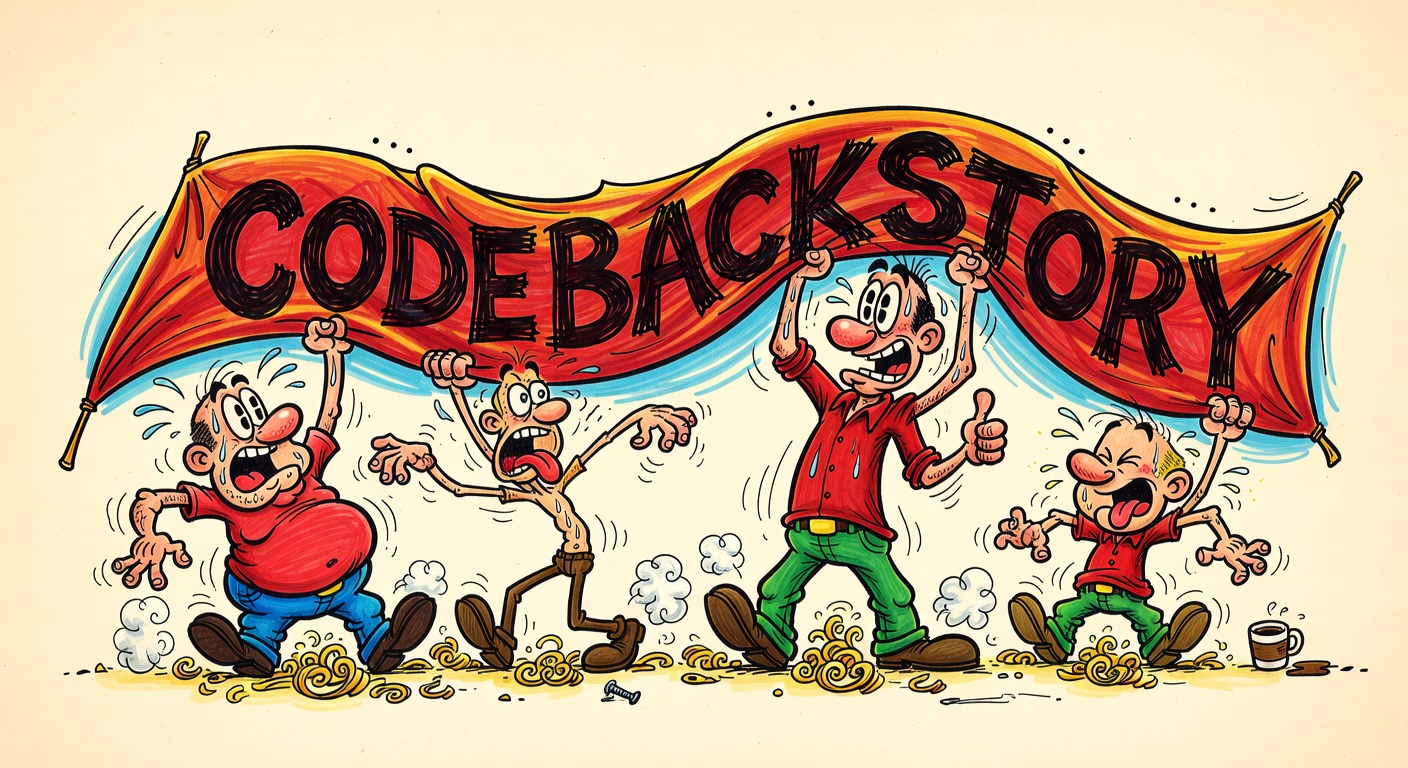Sergio-Aragon&eacute;s-style cartoon: four exaggerated workmen straining to hold up a giant red banner that reads CODEBACKSTORY.