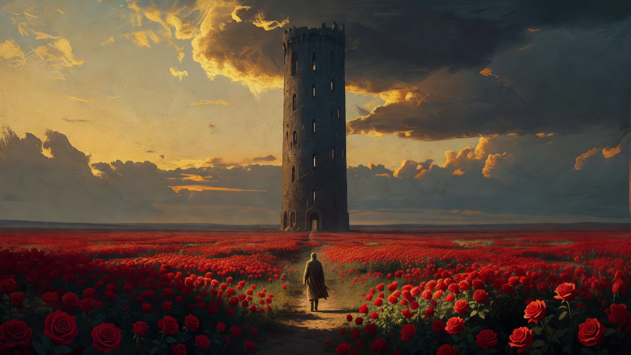 Painted illustration in an epic book-cover style: a colossal dark stone tower rises alone from a field of red roses under a gold-and-slate sunset sky, and a single small figure in a long coat walks a dirt path through the roses toward it.