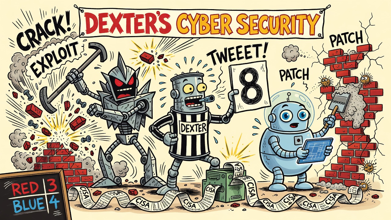 Sergio-Aragon&eacute;s-style cartoon: under a hand-painted DEXTER&rsquo;S CYBER SECURITY banner, a spiky red-visored RedBot swings a crowbar labeled EXPLOIT at a crumbling brick firewall (CRACK!) while a round bubble-helmeted BlueBot calmly trowels PATCH mortar into the cracks, blueprint tablet in hand. Between them the tin-can robot Dexter, in a striped referee shirt with a DEXTER chest plate, blows his whistle (TWEEET!) and holds up a scorecard reading 8, ankle-deep in ticker tape stamped CISA, as CVE bug-critters scurry from the wall and a chalkboard tallies RED 3, BLUE 4.