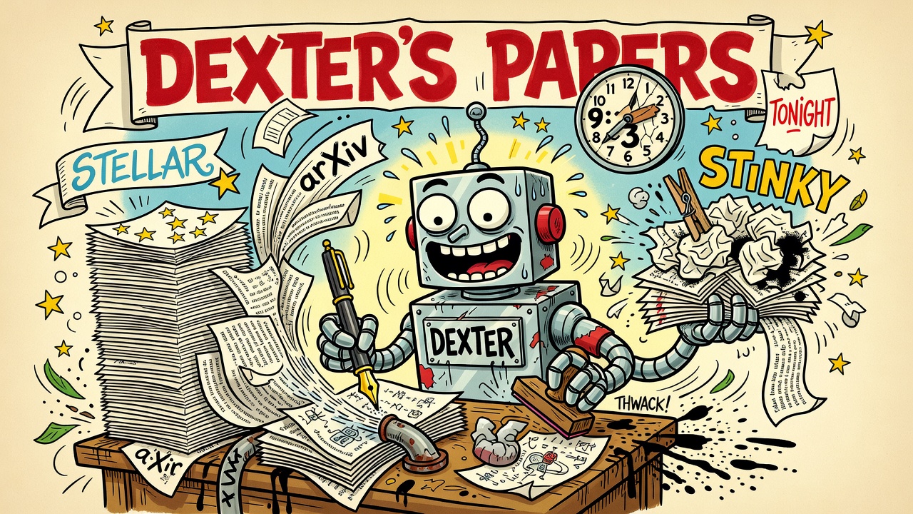 Sergio-Aragon&eacute;s-style cartoon: under a hand-painted DEXTER&rsquo;S PAPERS banner, a grinning tin-can robot with a DEXTER chest plate speed-reads a firehose of research papers spraying out of an arXiv pipe. One claw scribbles doodles in the margins with a giant fountain pen while the other slams a rubber stamp (THWACK!). A tall stack of star-stamped papers sits under a STELLAR banner on the left; on the right he pinches a clothespin over his nose above a crumpled STINKY pile. A wall clock reads 9:30 and a torn calendar page says TONIGHT, with stars and paper scraps flying everywhere.