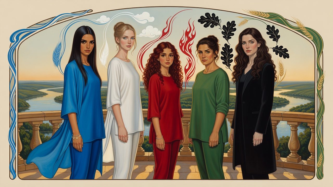 Art Nouveau illustration: five young women in blue, white, red, green and black stand on a terrace above a river valley inside a border of waves, clouds, flames, oak leaves and wheat.