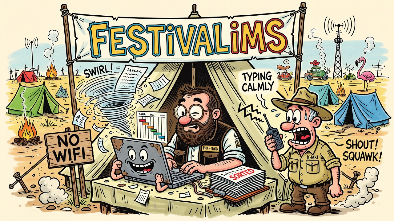 Sergio-Aragon&eacute;s-style cartoon: under a hand-painted FESTIVALIMS banner, a bearded ranger types calmly at a grinning laptop while a tornado of incident reports funnels into a neat stack stamped SORTED; a sweating Khaki shouts into a walkie-talkie beside a NO WIFI sign, with tents, campfires, and a radio tower in the dusty distance.