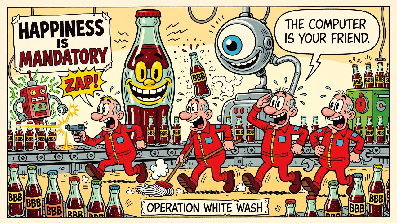 Sergio-Aragonés-style cartoon: four sweating troubleshooters in red jumpsuits march through a gleaming soda bottling plant while a giant one-eyed computer on a stalk declares THE COMPUTER IS YOUR FRIEND, beside a poster reading HAPPINESS IS MANDATORY and a banner reading OPERATION WHITE WASH.