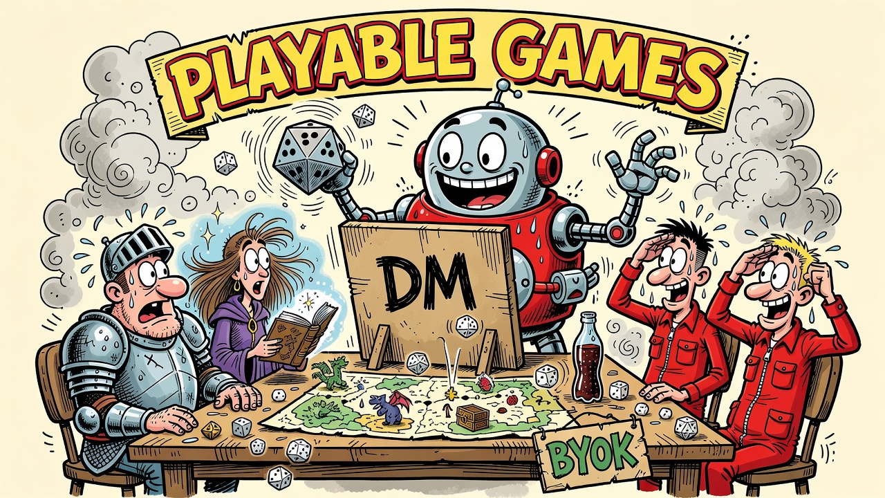 Sergio-Aragonés-style cartoon: a cheerful robot Dungeon Master behind a DM screen rolls a giant d20 for a knight and wizard on one side and two saluting red-jumpsuited troubleshooters on the other, under a banner reading PLAYABLE GAMES with a BYOK sign hanging off the table.