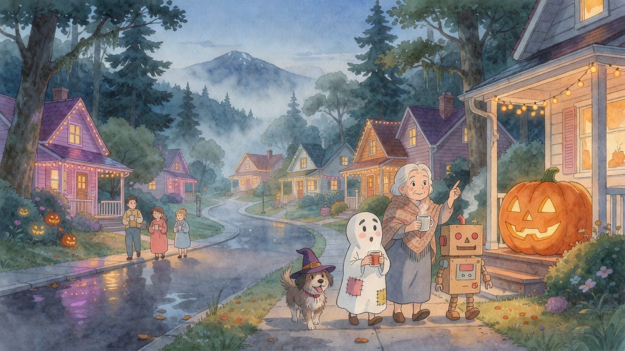 Soft watercolor of a misty Pacific Northwest street at dusk, every house lit orange and purple for Halloween, with a grandmother holding cocoa pointing at a giant glowing jack-o-lantern while a child in a sheet-ghost costume, a kid in a cardboard robot suit and a dog in a witch hat walk beside her, and mountains fading into blue mist behind.