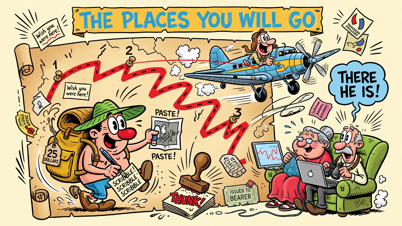 Sergio-Aragon&eacute;s-style cartoon: under a hand-painted THE PLACES YOU WILL GO banner, a grinning traveler in a floppy green hat with a 25 DOLLARS luggage tag on his backpack pastes photos and scribbles notes onto a giant 1930s route map, where a red dashed arc hops between numbered pushpins and a DC-3 with a delighted pilot tows the line onward (THUNK! goes the passport stamp). At the far end, grandma and grandpa follow along on a laptop from a green armchair, shouting THERE HE IS!, beside a ticket stub reading ISSUED TO BEARER.