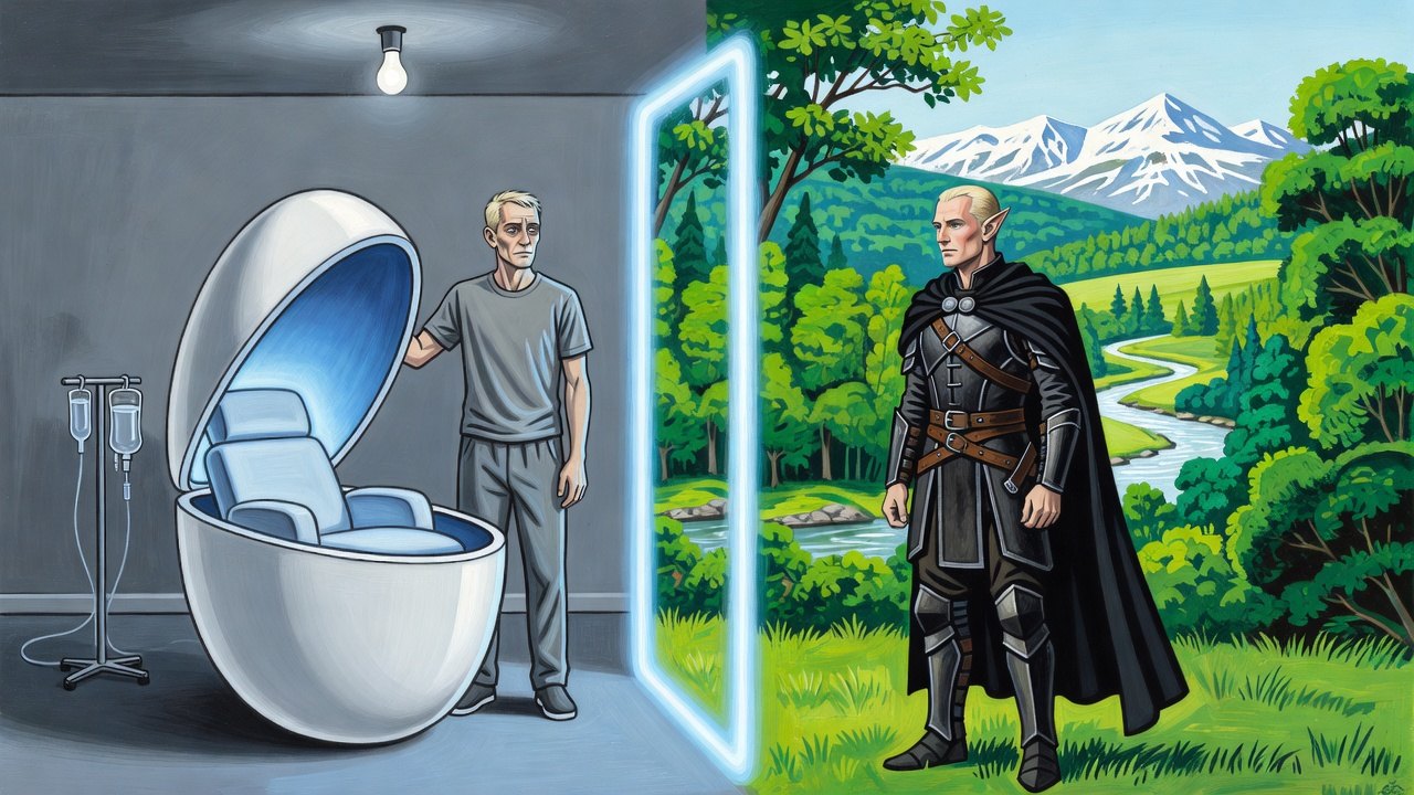 A gaunt fair-haired man in a grey room stands beside an open white capsule next to a doorway of pale blue light; beyond it, in a green valley, an elf in black armour with his face looks out.