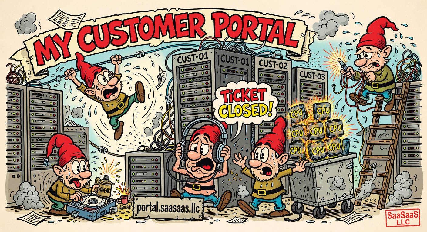 Sergio-Aragonés-style cartoon: a basement data center with five red-capped gnomes managing server racks (CUST-01, CUST-02, CUST-03), one swinging on an ethernet cable, one oiling a hard drive, one shouting 'TICKET CLOSED!' into a headset, one pushing a cart of glowing CPUs, one soldering on a stepladder. Banner across the top reads 'MY CUSTOMER PORTAL', a sign reads 'portal.saasaas.llc'.