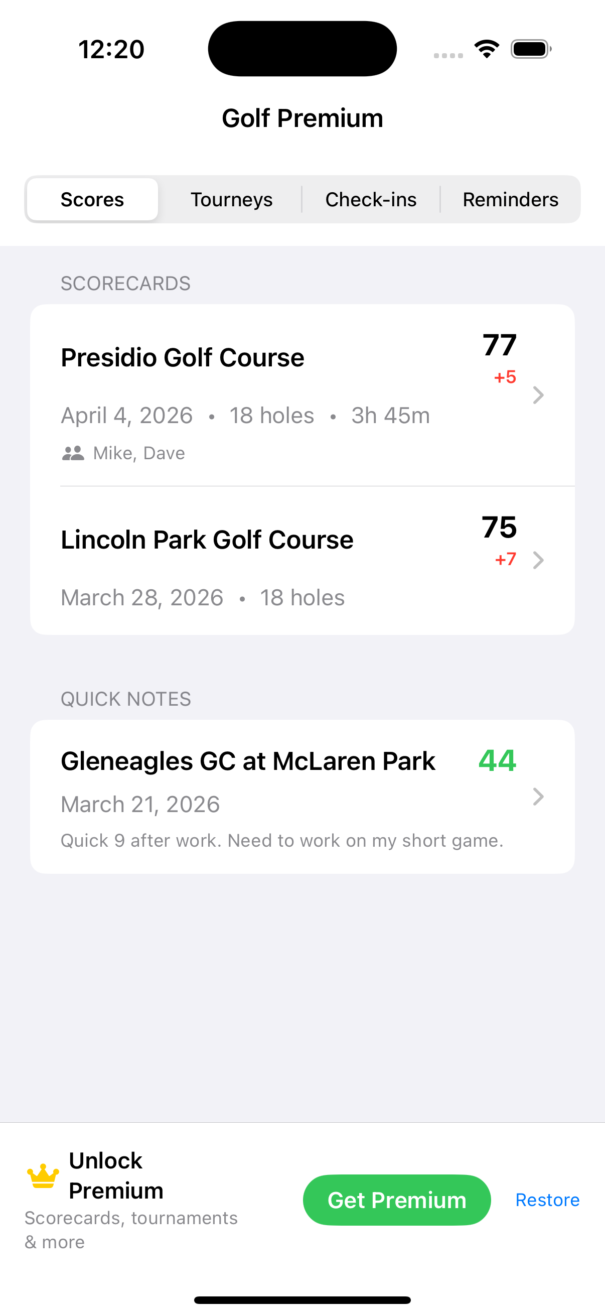 Scorecards tab showing rounds and scores