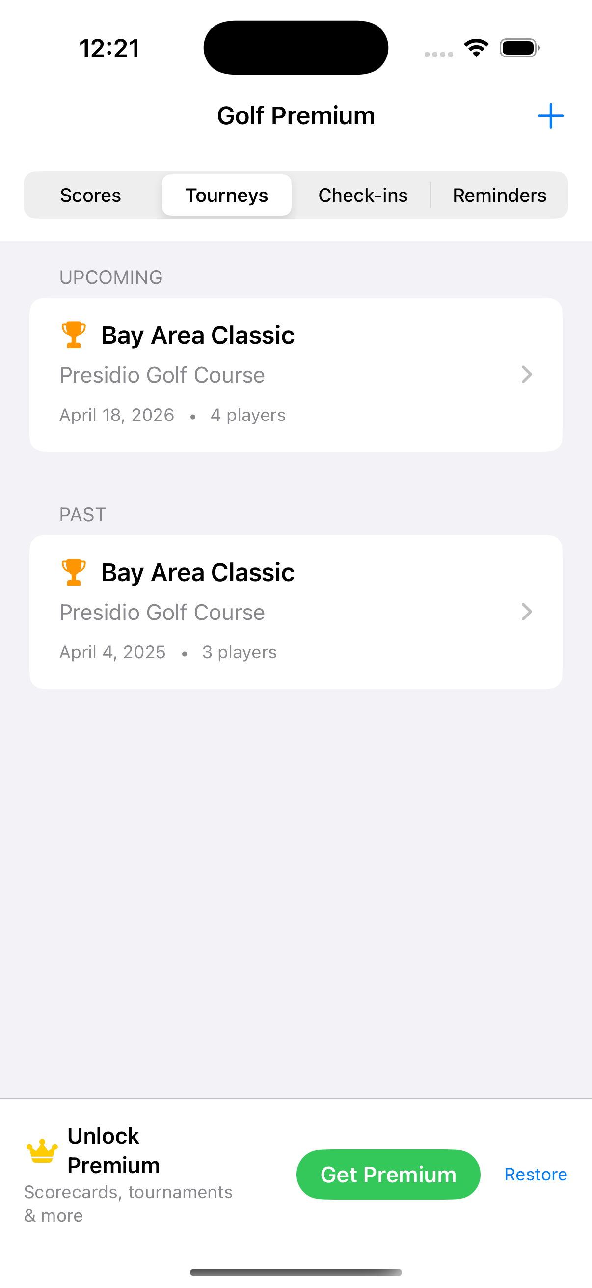Tournaments tab with leaderboards