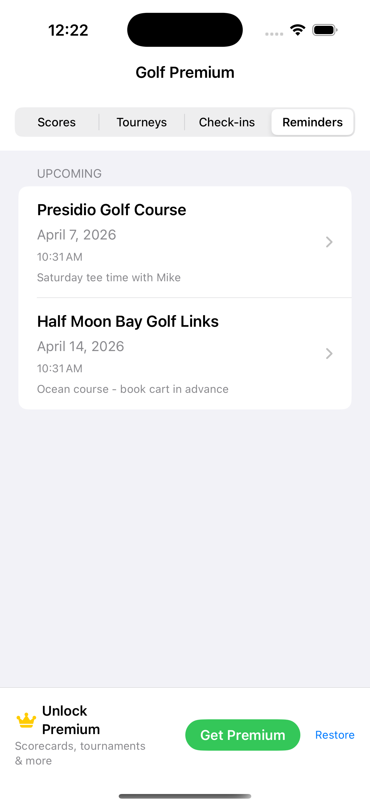 Reminders tab for tee times