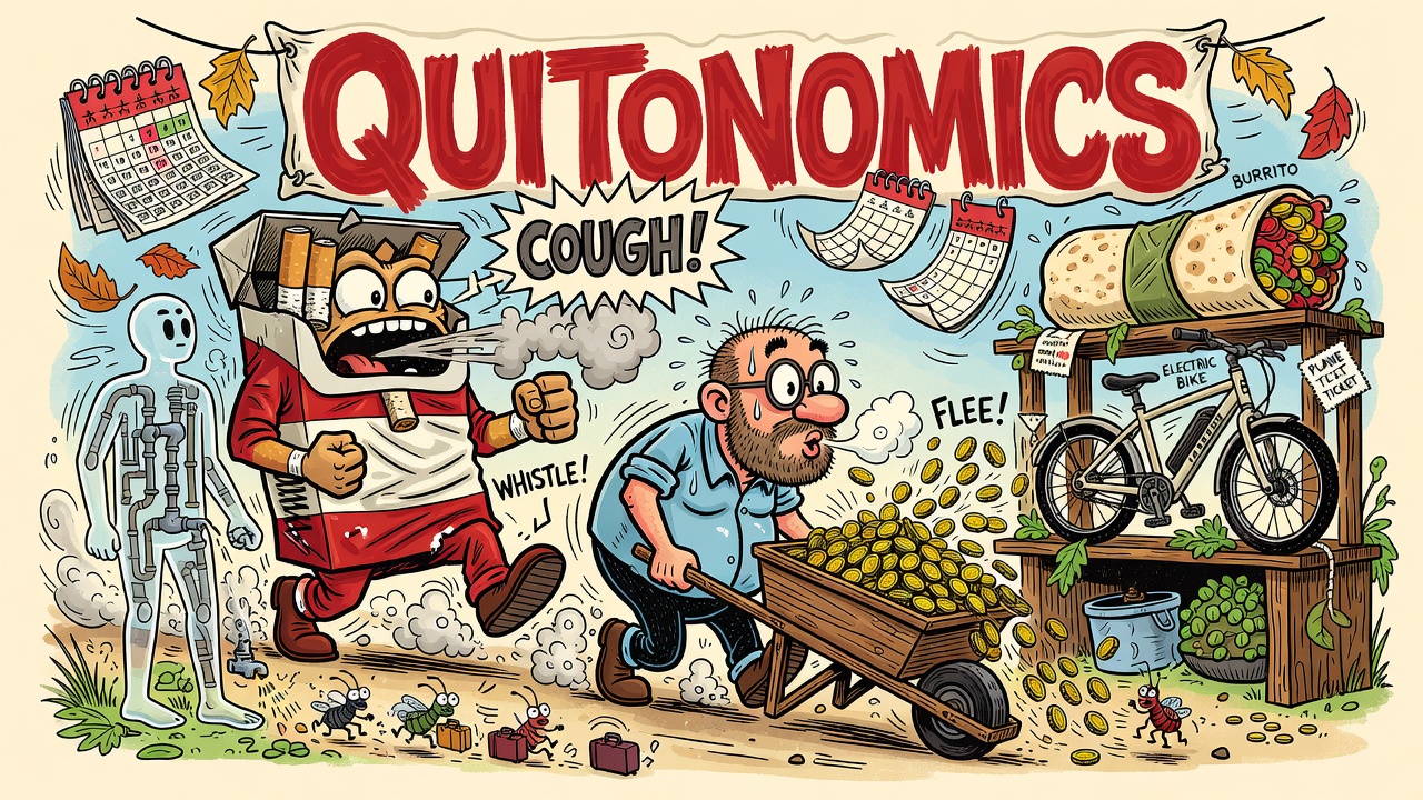 Sergio-Aragon&eacute;s-style cartoon: under a hand-painted QUITONOMICS banner, a bearded man whistles and pushes a wheelbarrow overflowing with gold coins away from a crumpled cigarette-pack monster shaking its fist (COUGH!), toward a prize shelf holding a burrito, a plane ticket, and an electric bike, while a translucent glass body outline drains little chemical bug-critters out of a tap at its heel and a calendar sheds pages like leaves.