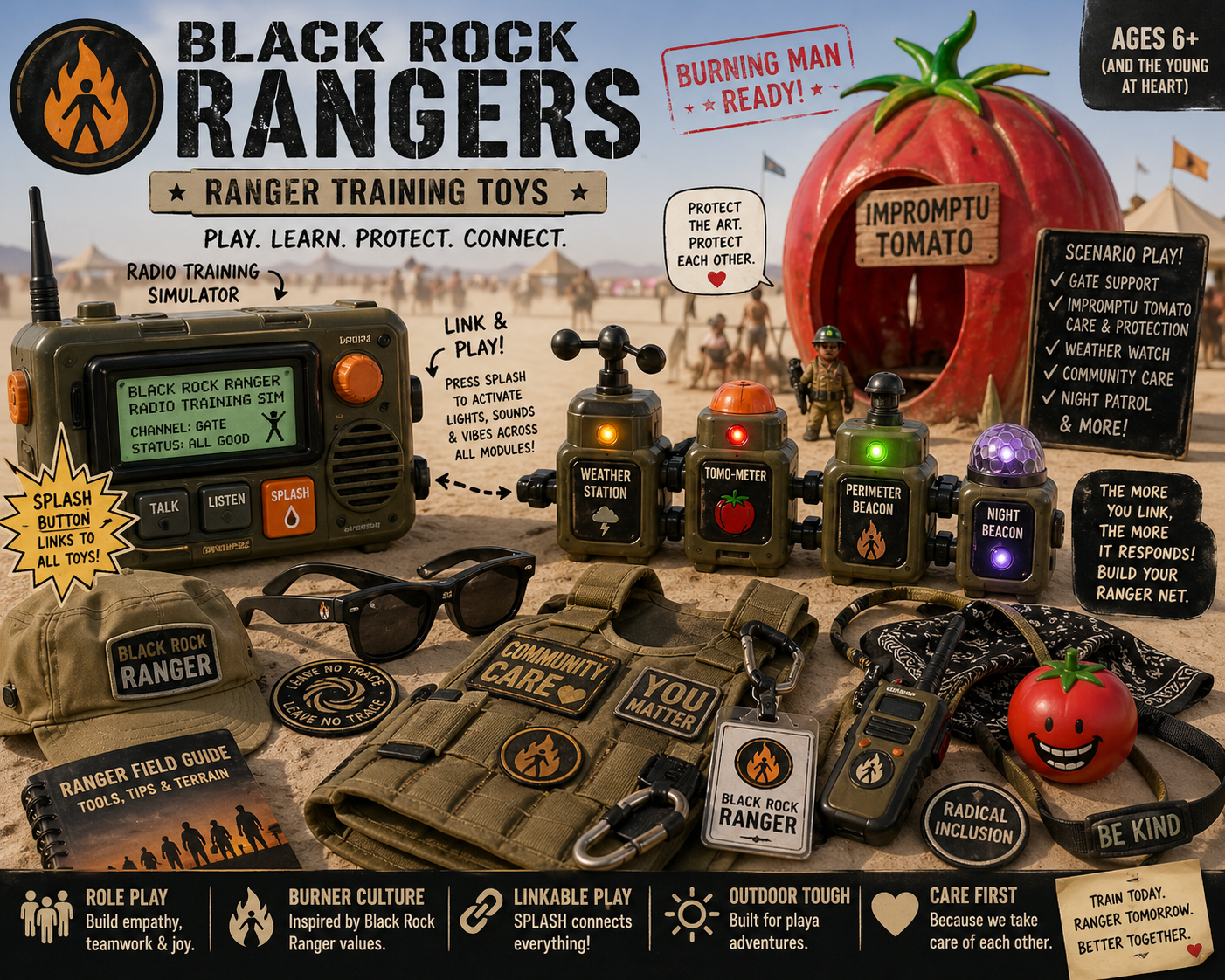 Black Rock Rangers — Ranger Training Toys: a poster of the kit, with the Radio Training Simulator at the front and a row of beacons, patches, sunglasses, hat, and field guide alongside.