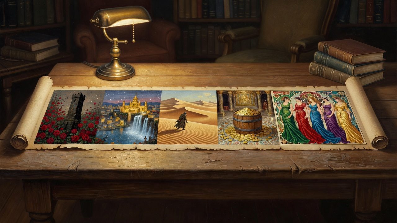 Painted illustration of a long scroll unrolled across a lamplit reading table, made of side-by-side painted panels in different styles: a dark tower among red roses, a hill city with a golden palace and a waterfall, a lone walker crossing desert dunes, a barrel of brass coins in a temple, and five women in five colours in an Art Nouveau frame. A stack of old hardbacks sits at one end.