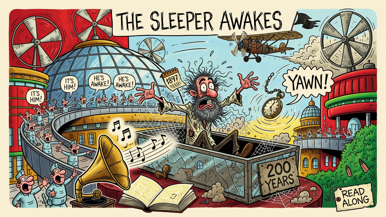 Sergio-Aragon&eacute;s-style cartoon: under a banner reading THE SLEEPER AWAKES, a wild-bearded Victorian man bursts from a cracked glass case labelled 200 YEARS, a calendar reading 1897 and a spinning pocket watch (YAWN!) flying off him, while crowds in pale blue on curving moving roadways under a glass dome shout IT'S HIM! and HE'S AWAKE!, a monoplane trails a black flag past giant wind-wheels, and a brass gramophone plays over an open book beside a READ ALONG tag.