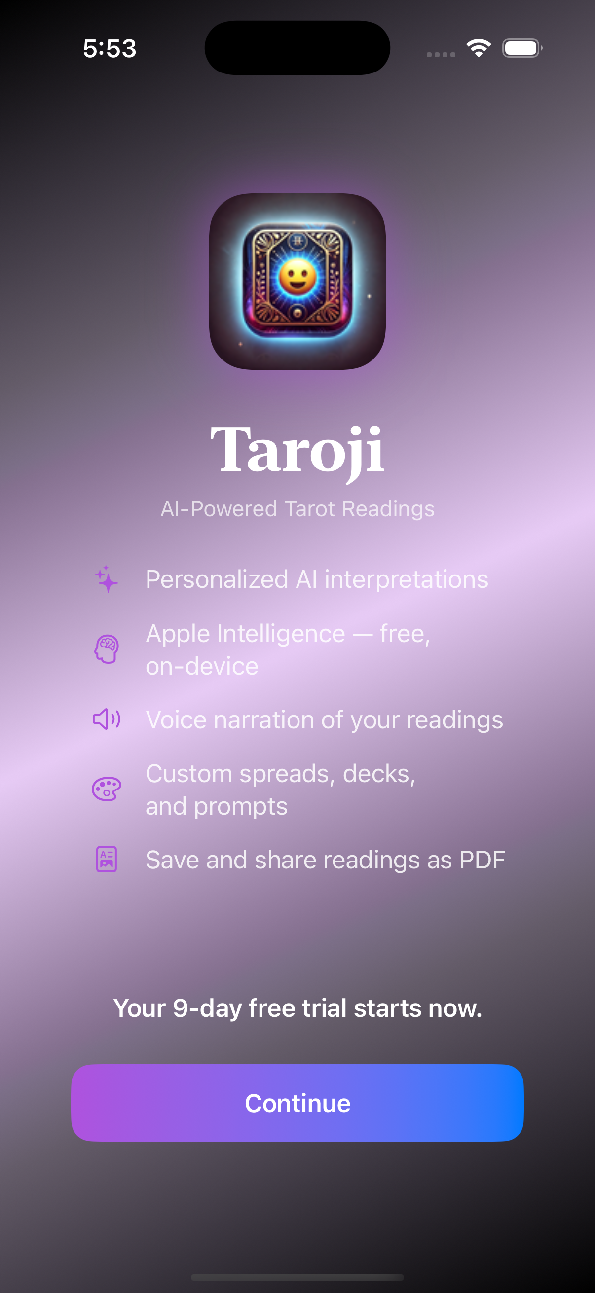 Taroji welcome screen with trial info