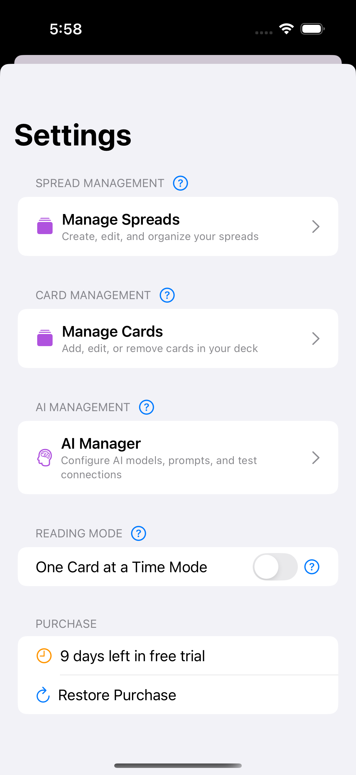 Settings with spread and card management