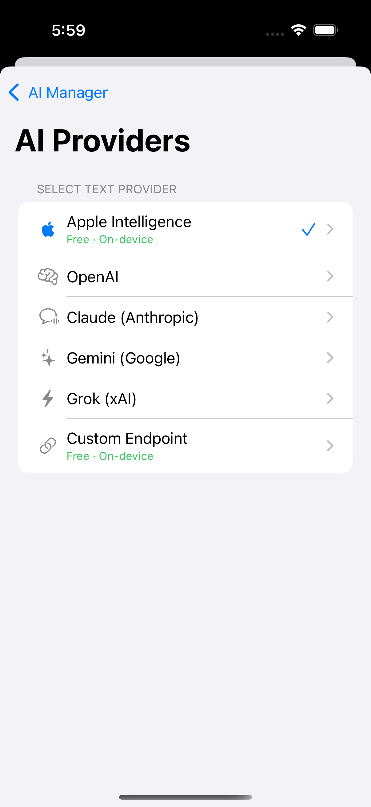 AI provider selection with Apple Intelligence