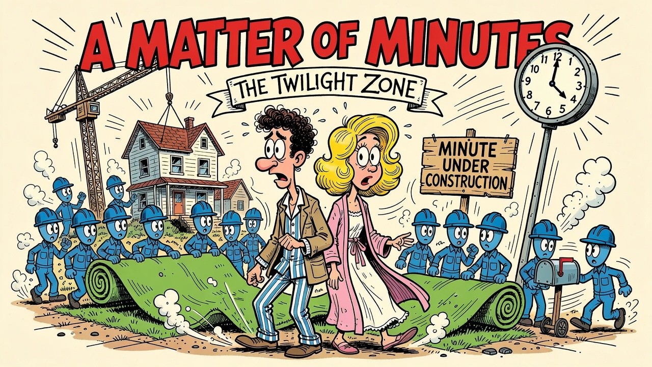 Cover: Michael and June Wright in pajamas stand back-to-back on a half-built suburban street swarming with faceless blue workers, under a sign reading MINUTE UNDER CONSTRUCTION.
