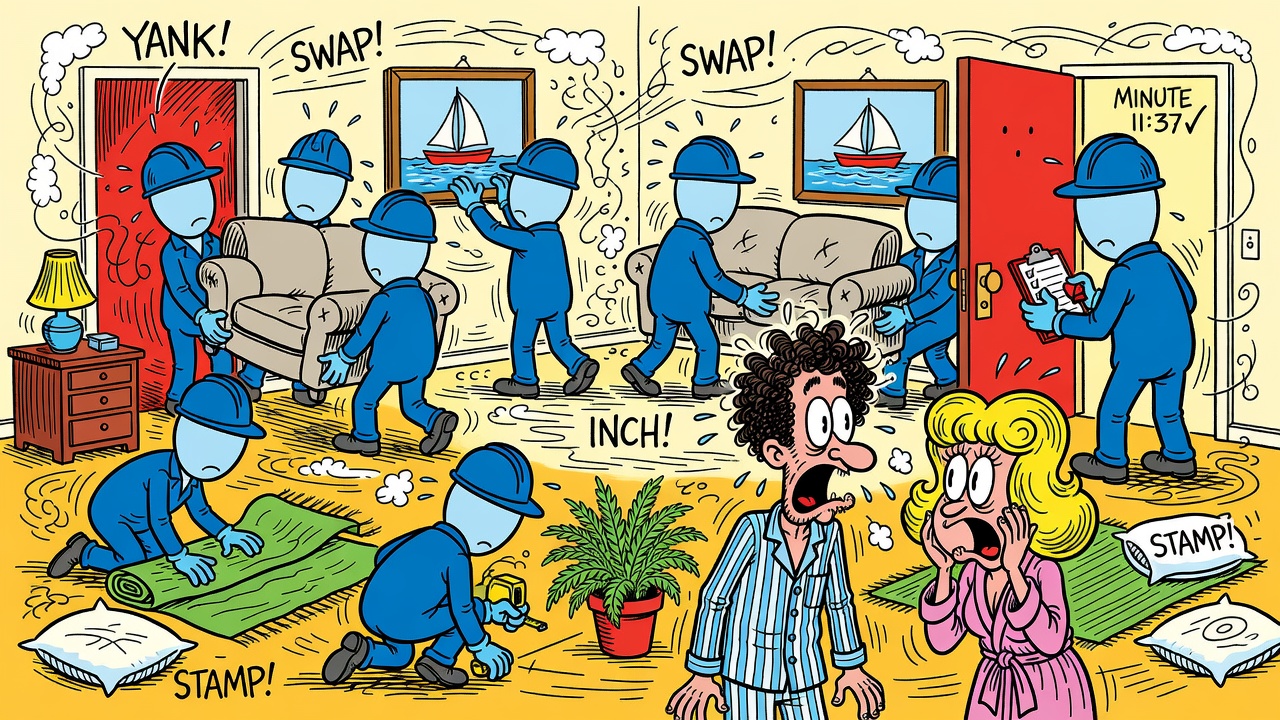 Cartoon panel: The Blue Movers