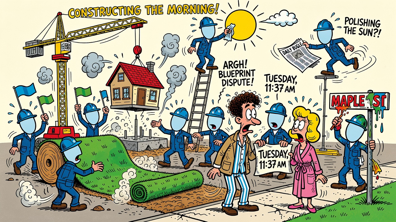 Cartoon panel: The Morning Under Construction