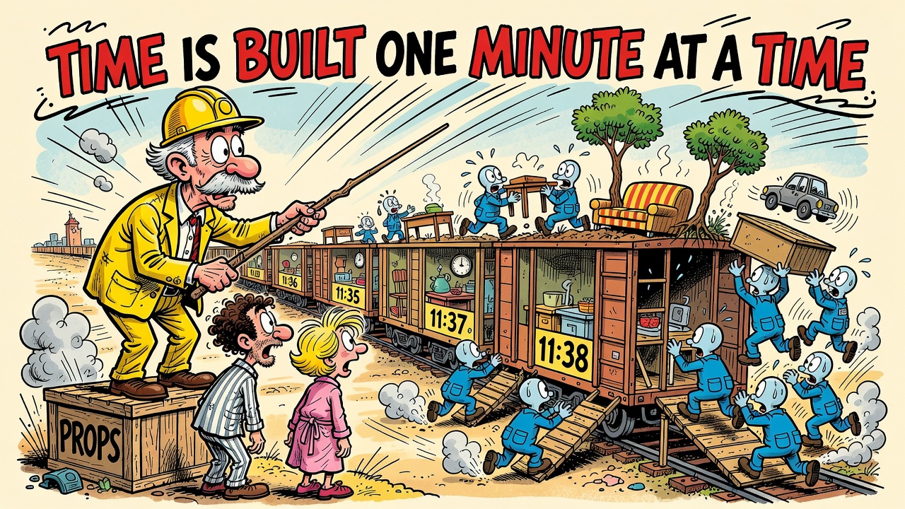 Cartoon panel: Time Is Built One Minute at a Time