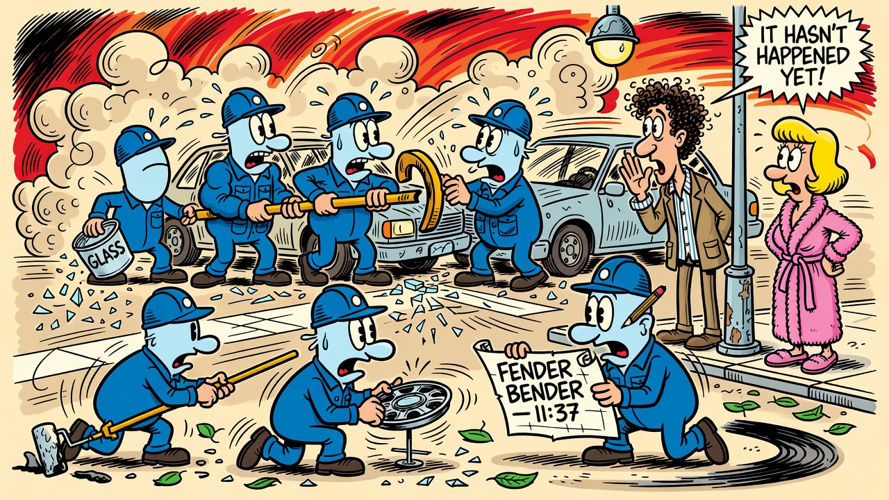 Cartoon panel: Pre-Staging the Fender Bender