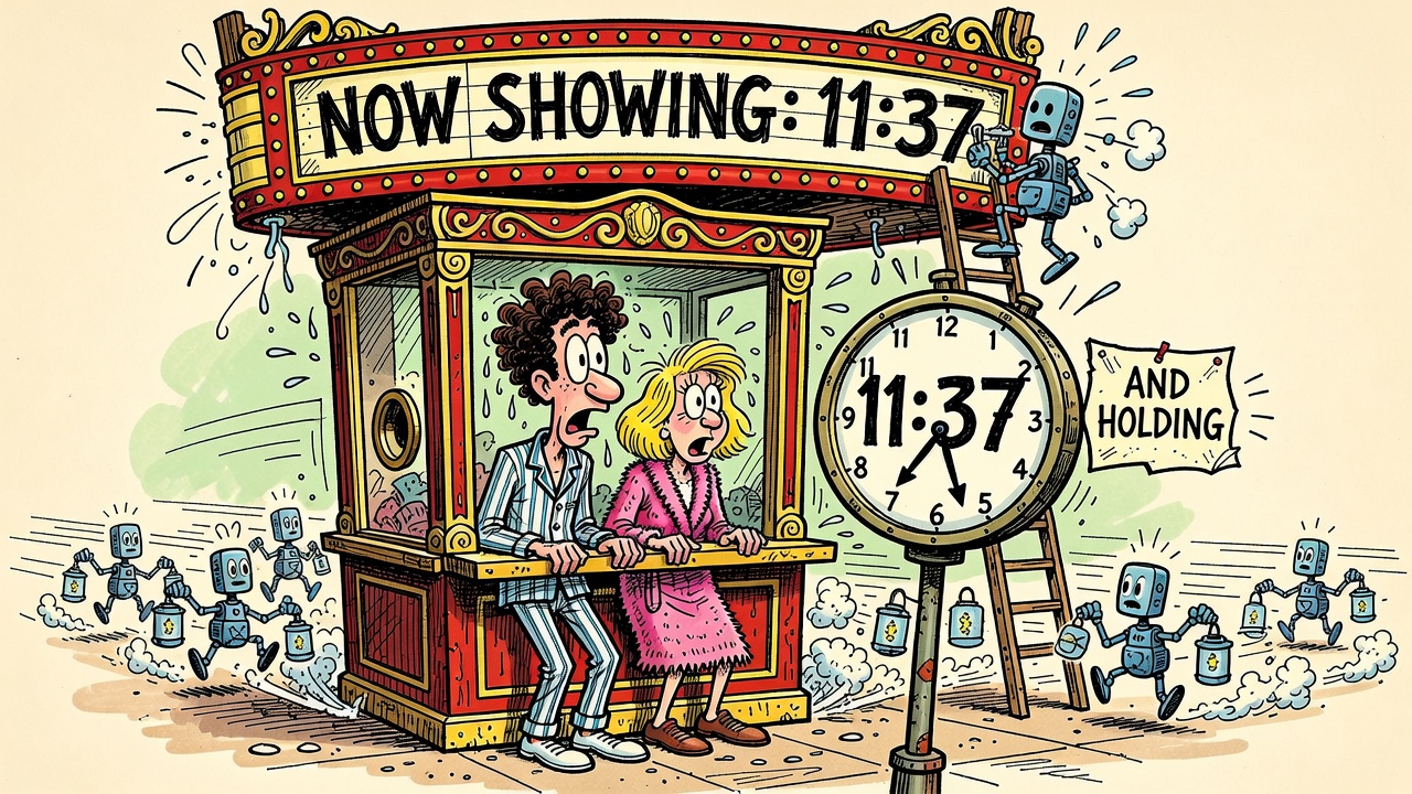 Cartoon panel: Two Adults in a Ticket Booth