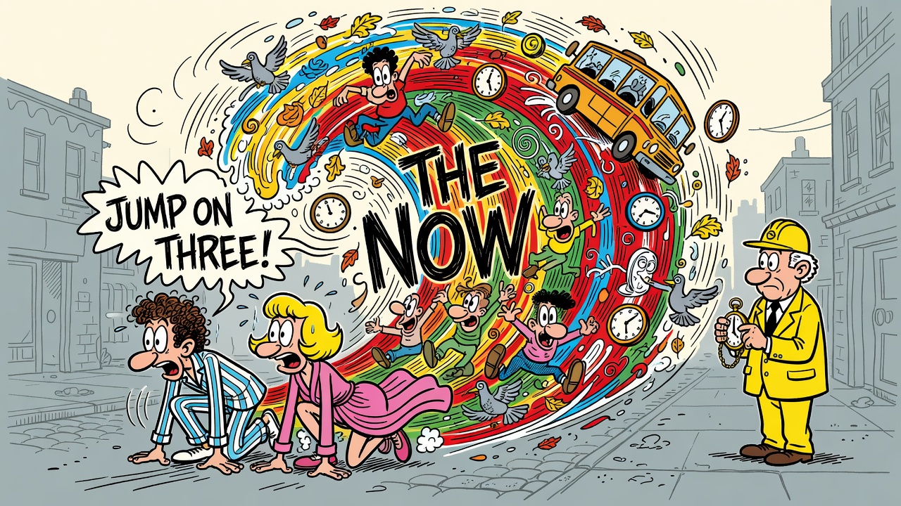 Cartoon panel: Here Comes the Now