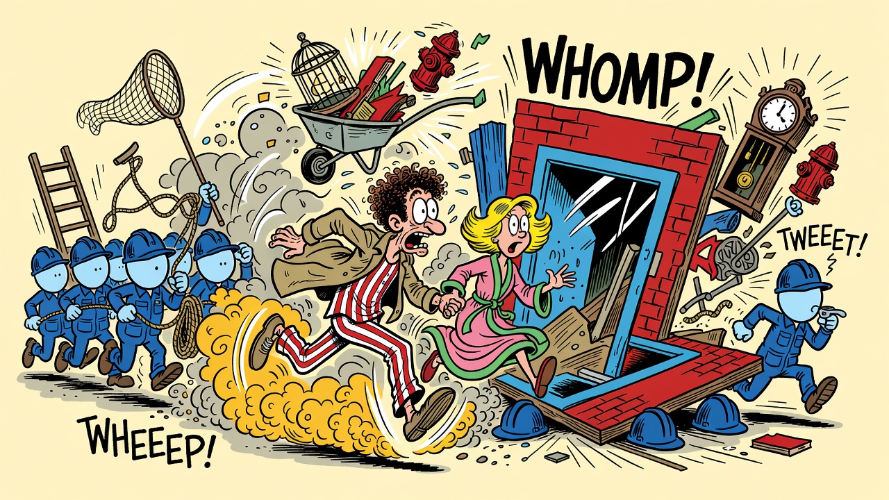 Cartoon panel: The Crew Gives Chase