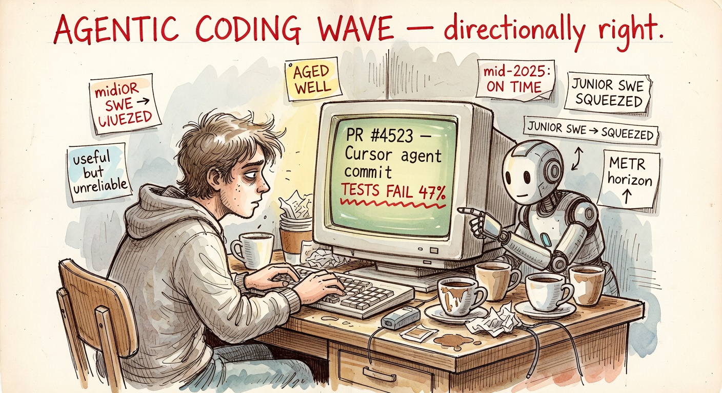 An exhausted junior developer pair-programming with a robot intern at a glowing CRT monitor, sticky notes everywhere, the title 'AGENTIC CODING WAVE — directionally right.'