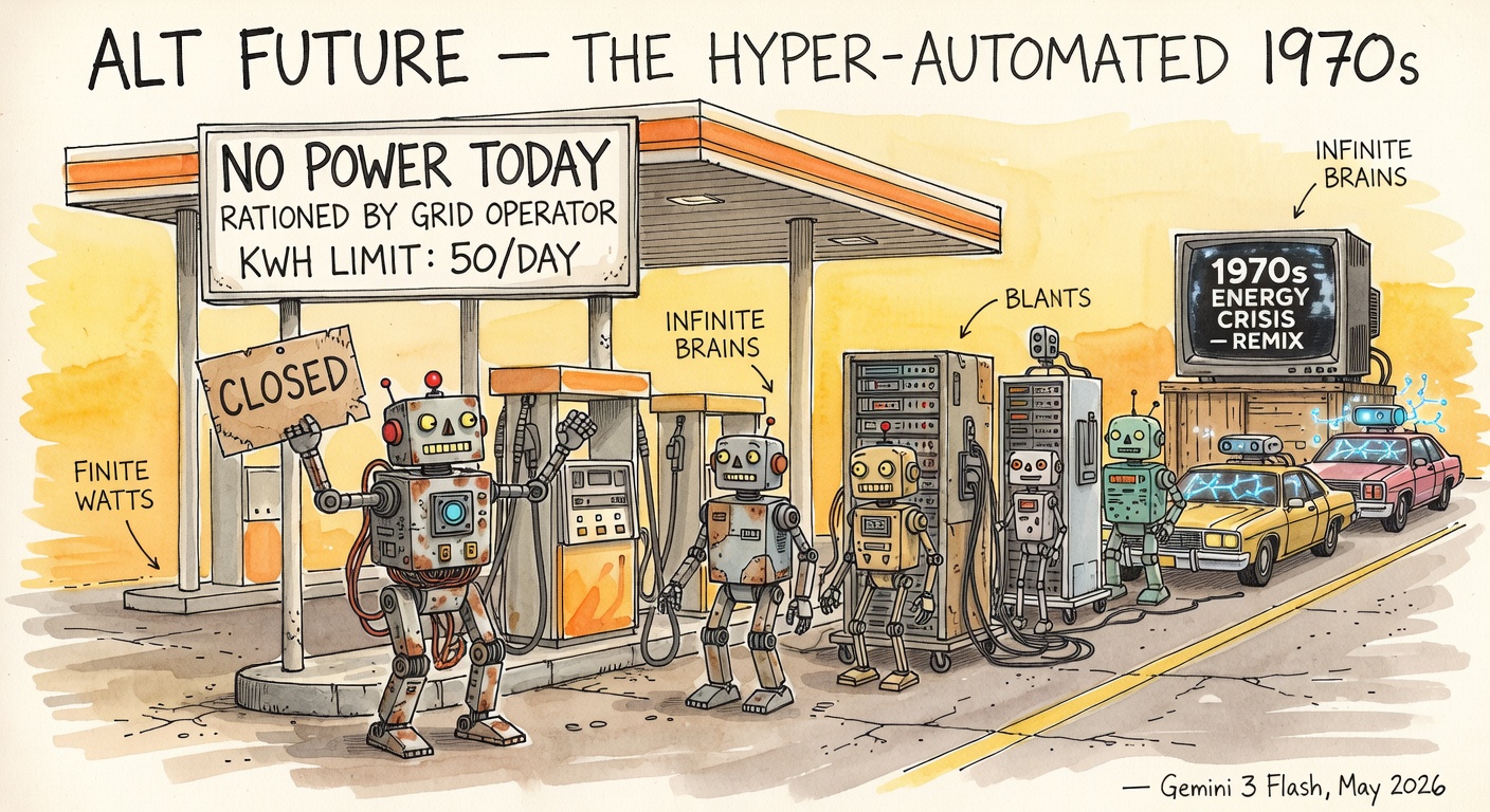 A 1970s-style gas station with a queue of robots, server racks, and AI-powered cars stretching down the block. Pump signs: 'NO POWER TODAY,' 'RATIONED BY GRID OPERATOR.' Background TV reads '1970s ENERGY CRISIS — REMIX'.