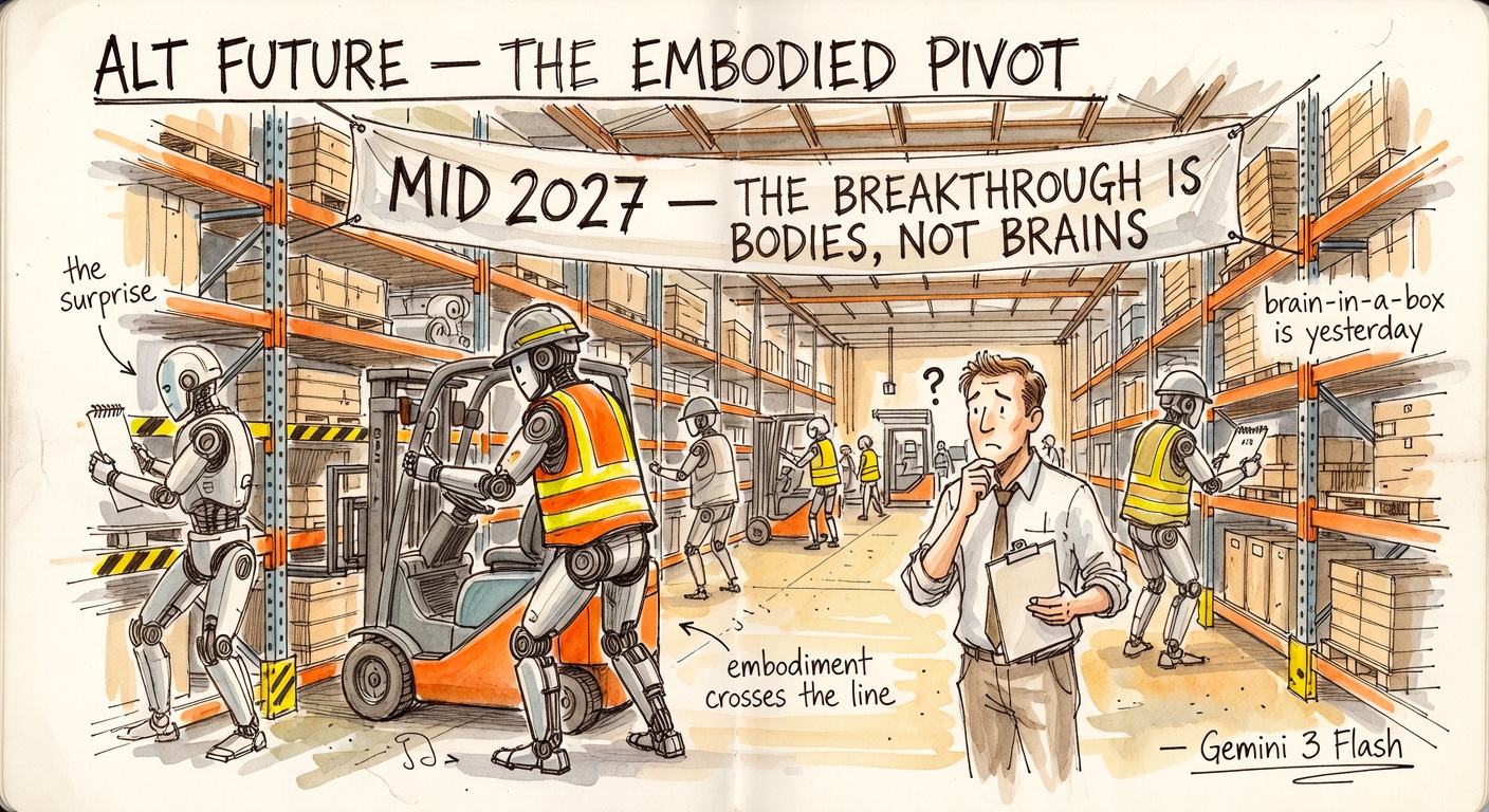 A warehouse interior with humanoid robots restocking shelves and operating forklifts, a confused human warehouse manager watching, banner overhead: 'MID 2027 — THE BREAKTHROUGH IS BODIES, NOT BRAINS'.