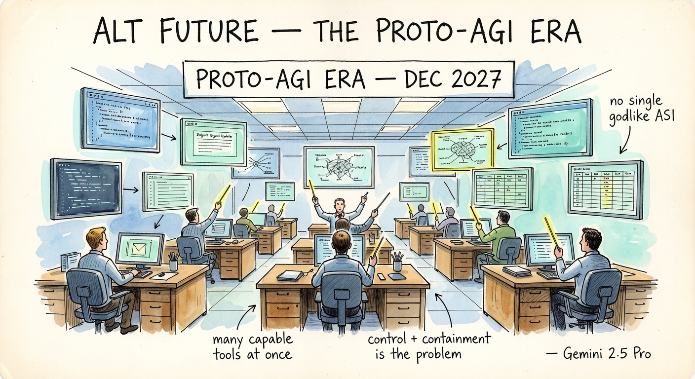 An open-plan office where each human worker sits at a desk surrounded by 4-6 floating screens, each showing a different AI agent doing different work, with the humans like orchestra conductors. Banner: 'PROTO-AGI ERA — DEC 2027'.