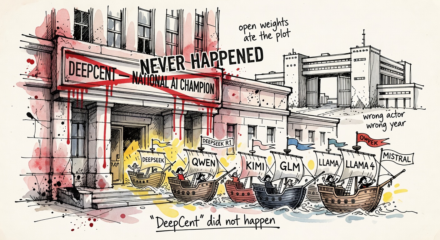A grand government building labeled 'DEEPCENT — NATIONAL AI CHAMPION' crossed out in red ink, with merry-pirate ships sailing away — DeepSeek, Qwen, Kimi, GLM, Llama 4, Mistral — flying open-weights flags.