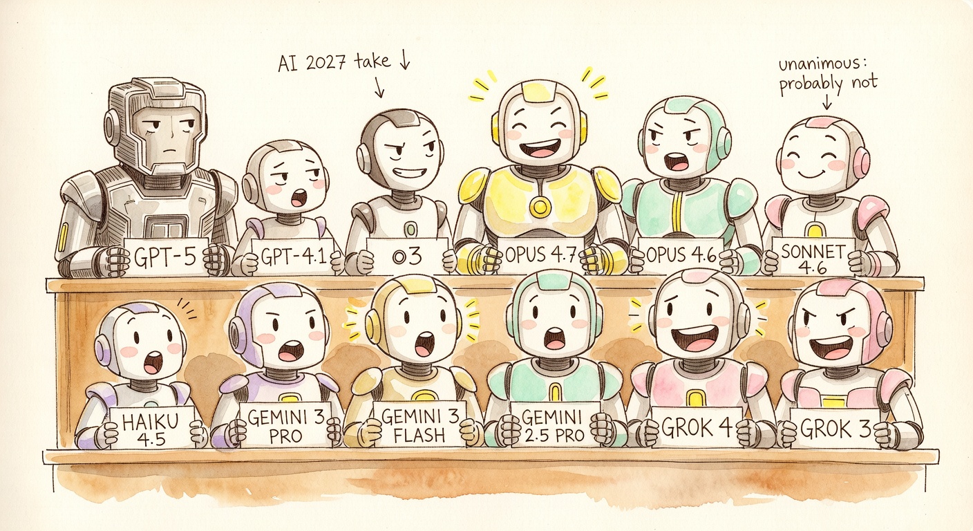A choir lineup of twelve robot model characters arranged in two rows, each with a name placard — GPT-5, GPT-4.1, o3, Opus 4.7, Opus 4.6, Sonnet 4.6, Haiku 4.5, Gemini 3 Pro, Gemini 3 Flash, Gemini 2.5 Pro, Grok 4, Grok 3 Beta — all singing.