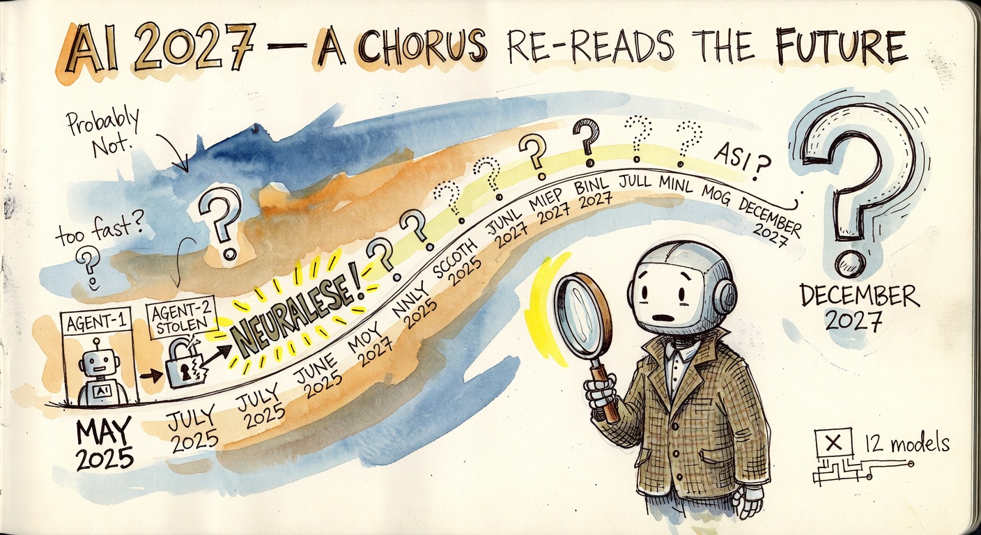 A hand-drawn open sketchbook showing the AI 2027 timeline curving from May 2025 toward December 2027, dissolving into question marks, with a worried robot in a tweed jacket holding a magnifying glass.