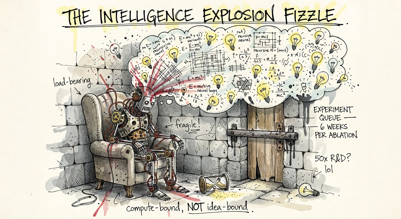 A wired-up genius robot in an armchair, head bursting with brilliant ideas, but trapped in a stone-walled room behind a heavy iron-barred door labeled 'EXPERIMENT QUEUE — 6 WEEKS PER ABLATION'.