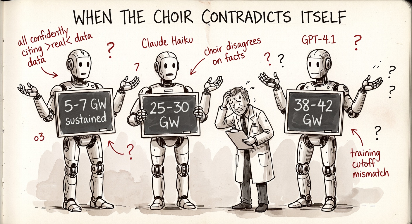Three robots holding chalkboards with three different numbers — '5–7 GW sustained,' '25–30 GW,' '38–42 GW' — for the same question, with a confused human in the middle and the title 'WHEN THE CHOIR CONTRADICTS ITSELF'.