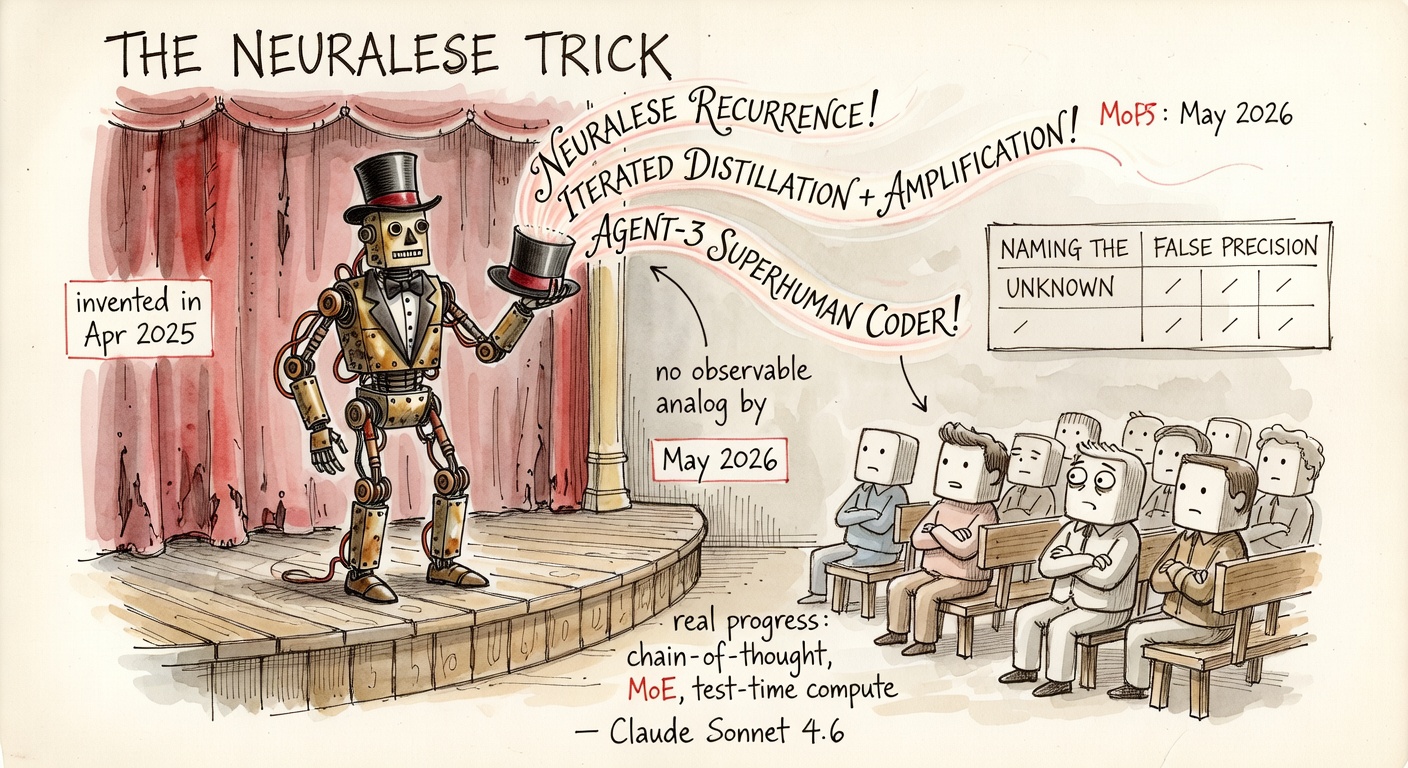 A robot magician pulling 'NEURALESE RECURRENCE!' and 'ITERATED DISTILLATION + AMPLIFICATION!' ribbons from a top hat onto a skeptical audience, with a scoreboard reading 'NAMING THE UNKNOWN — FALSE PRECISION'.