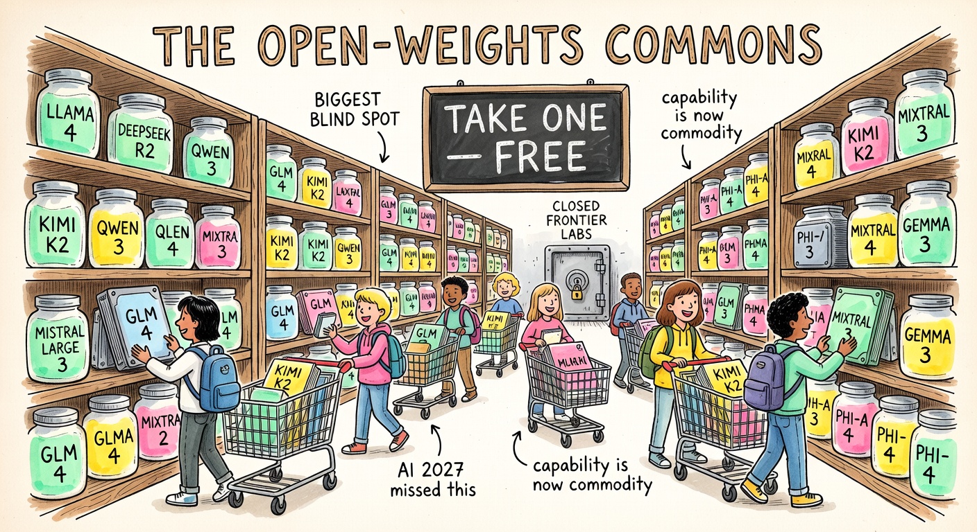 A warehouse stocked with open-weight models — Llama 4, DeepSeek R2, Qwen 3, Kimi K2, GLM 4, Mistral Large 3, Mixtral, Gemma 3, Phi-4 — with shoppers grabbing them like books under a 'TAKE ONE — FREE' sign.