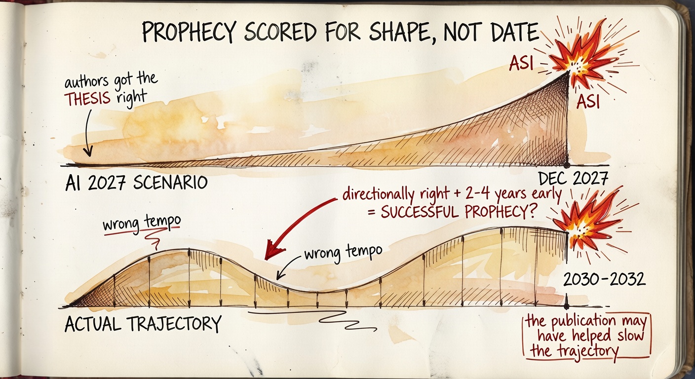 Two parallel timelines side by side. Top: AI 2027 scenario, smooth steep ramp to ASI fireball at Dec 2027. Bottom: actual trajectory, a longer S-curve with the ASI marker at 2030–2032. Tied between them: 'directionally right + 2-4 years early = SUCCESSFUL PROPHECY?'
