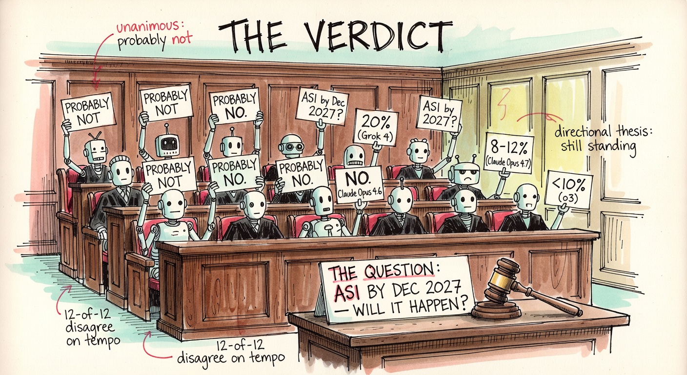 A wood-paneled courtroom with twelve robot jurors holding 'PROBABLY NOT' verdict placards, two showing credences '20%' and '8-12%' and '<10%', with a bench reading 'THE QUESTION: ASI BY DEC 2027 — WILL IT HAPPEN?'
