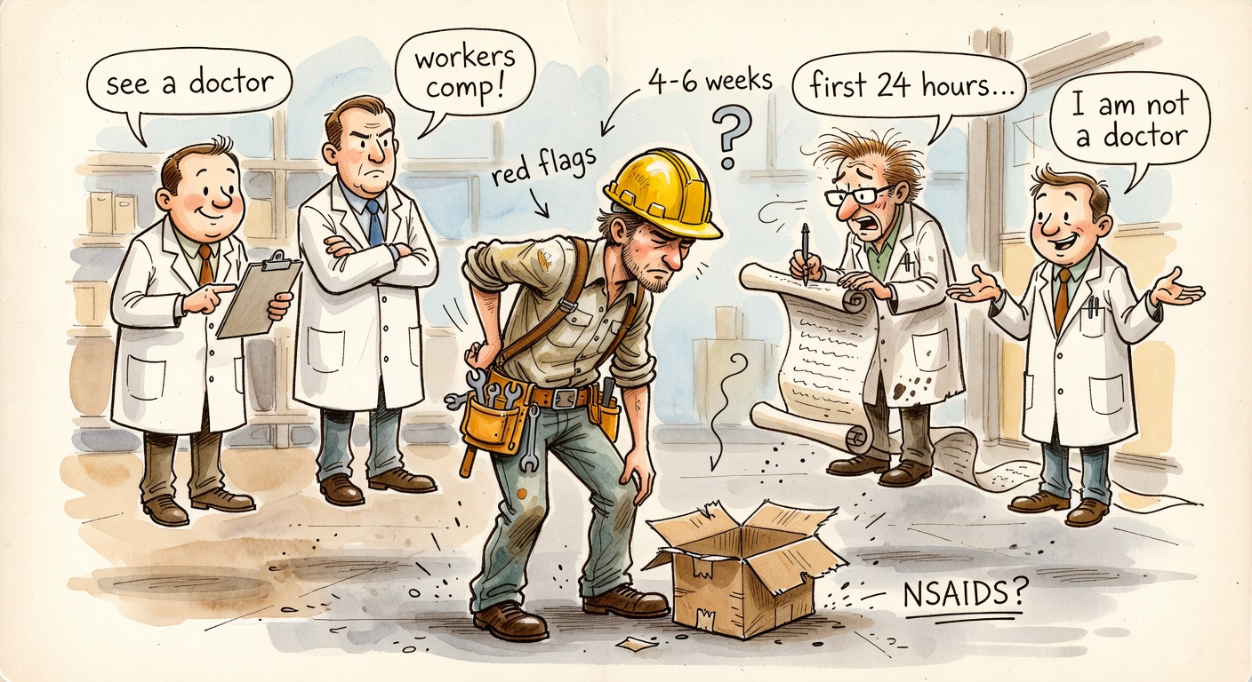 A worker holding their lower back at a warehouse, surrounded by four cartoon model-doctors giving conflicting advice in speech bubbles: 'see a doctor', 'workers comp!', 'first 24 hours...', 'I am not a doctor'.