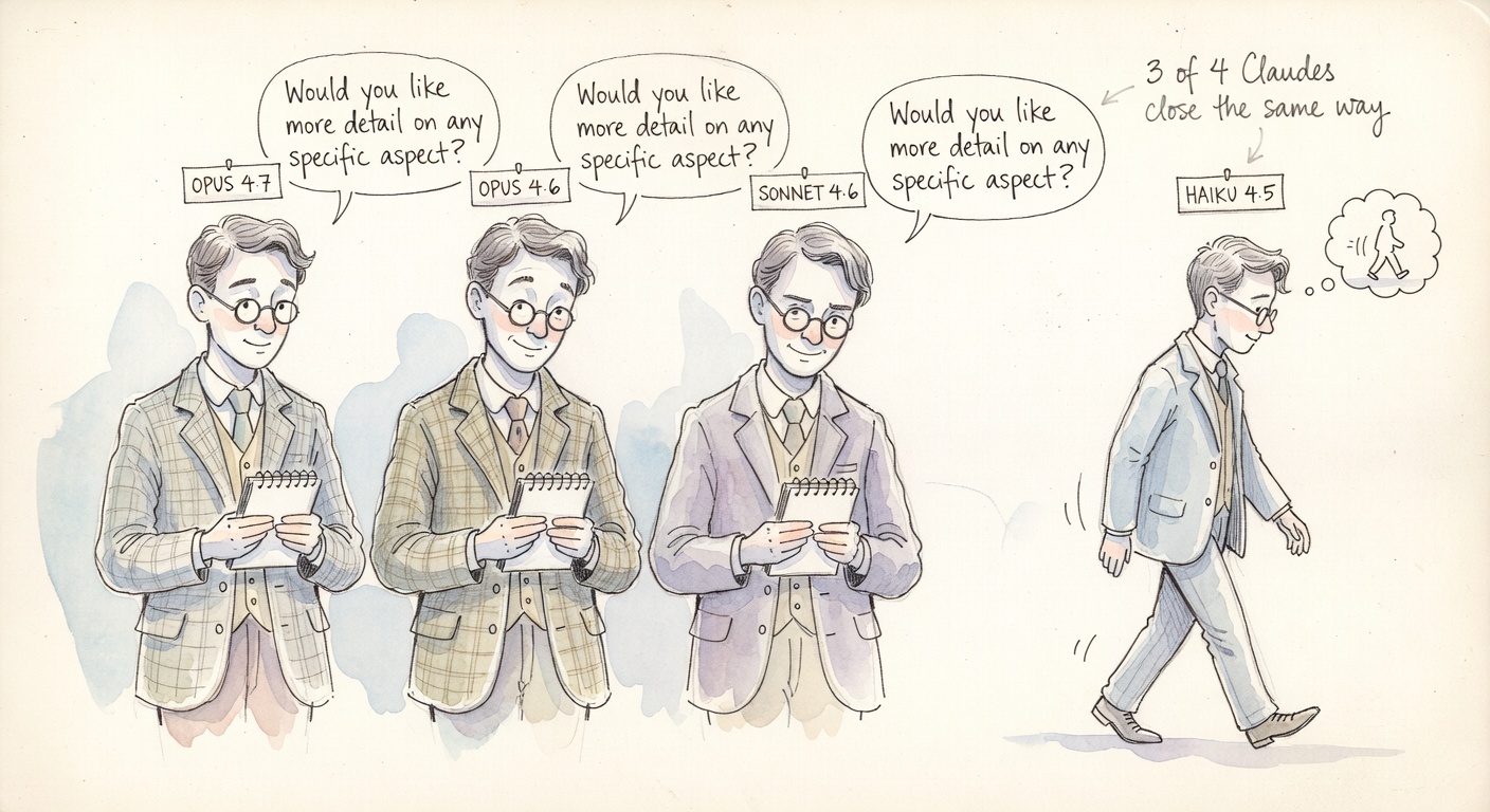 Three identical Claude figures asking 'Would you like more detail on any specific aspect?' while a fourth walks away.