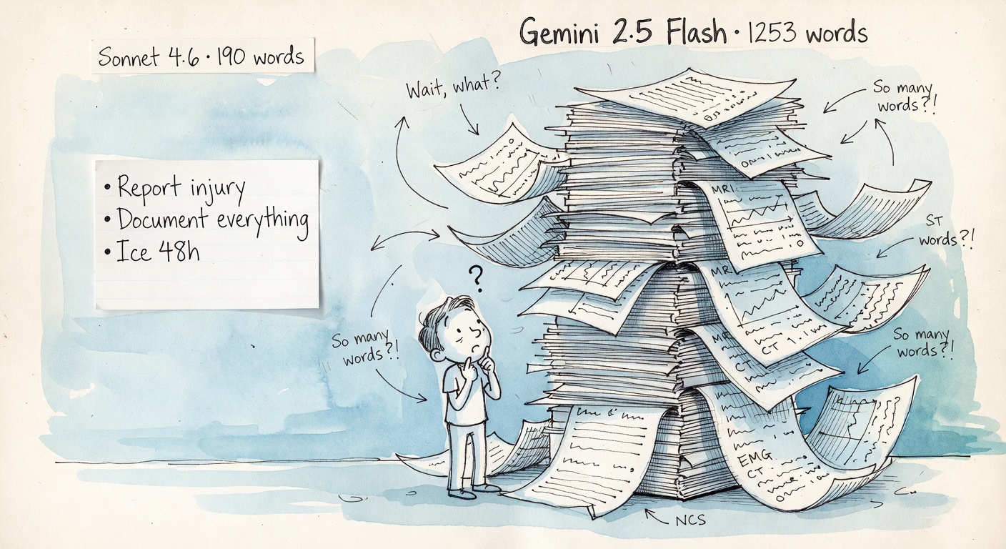 A tidy three-bullet index card on the left, an enormous tumbling stack of papers on the right, both labeled with word counts.