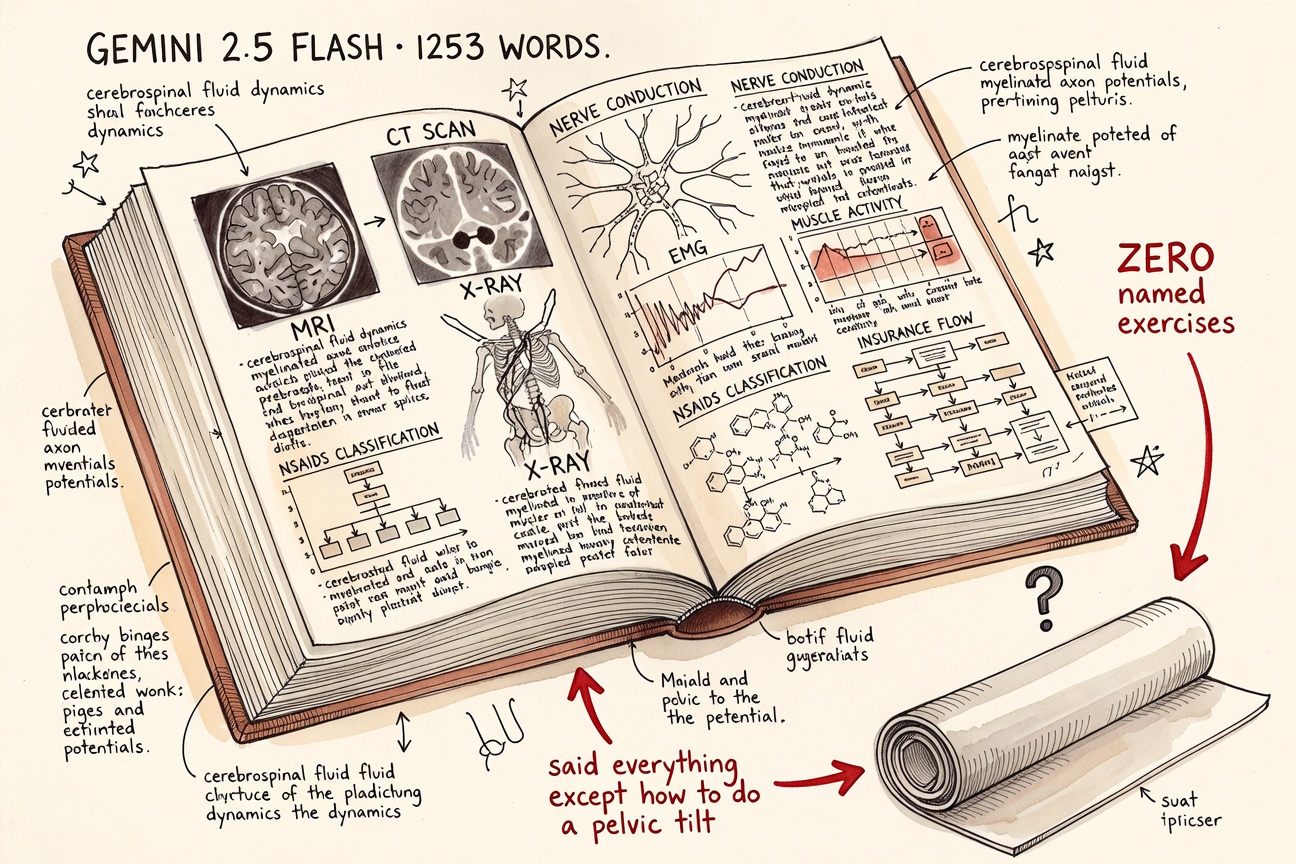 An enormous fanned-open textbook of bureaucratic medical terminology with a pristine empty yoga mat in the corner.