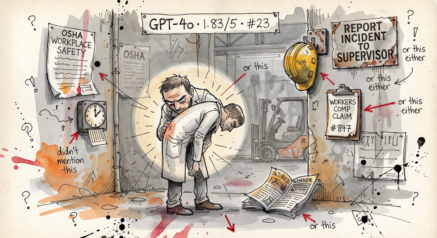A doctor focused with tunnel vision on a patient's back, oblivious to the OSHA poster, time clock, workers' comp clipboard, and hard hat visible around them.