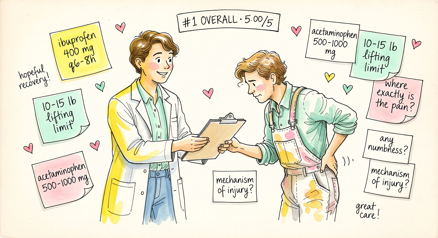 A warm doctor figure handing a patient a clipboard exploded into sticky notes with mg dosages, lifting limits, and clarifying questions.