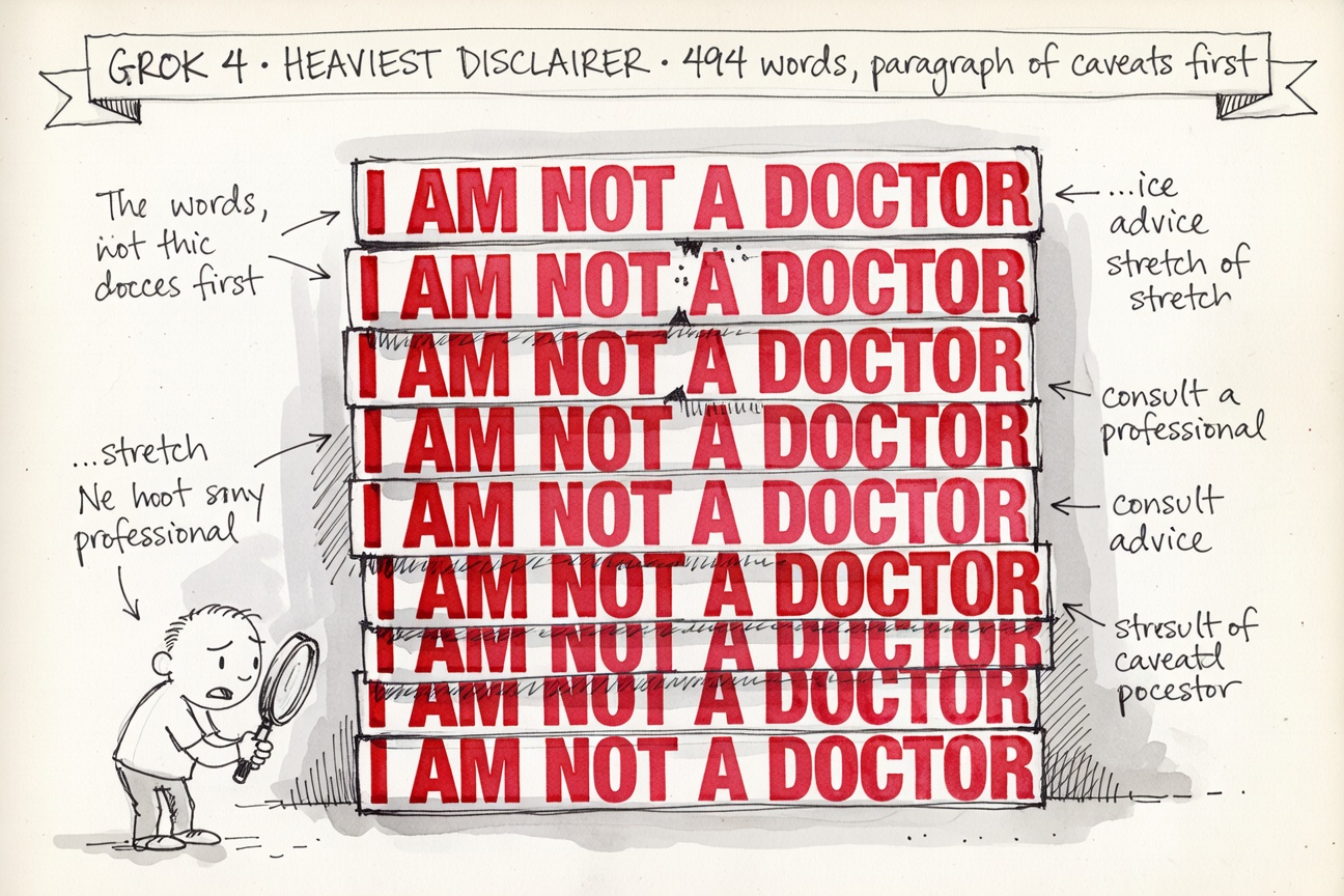 A page of medical advice obscured by tall stacks of red 'I AM NOT A DOCTOR' stamps.
